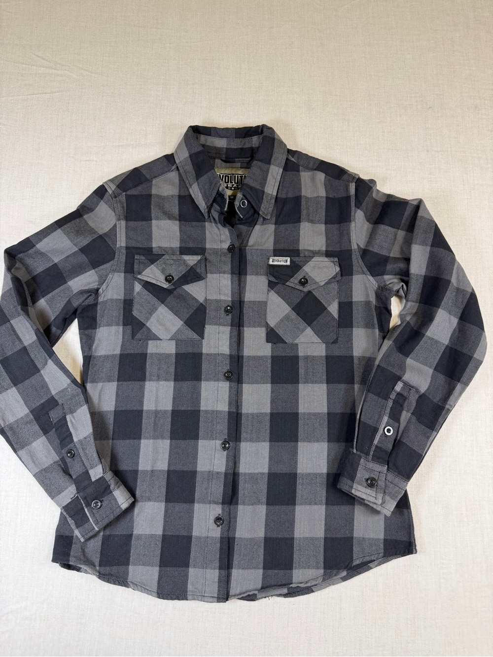 Revolution Gear Women’s M Black Gray Plaid Flannel Motorcycle Biker Shirt